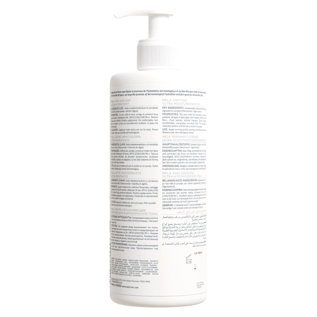 Topicrem MELA Lait Unifiant Ultra-Hydratant SPF15 500ml - infographie ingrédients