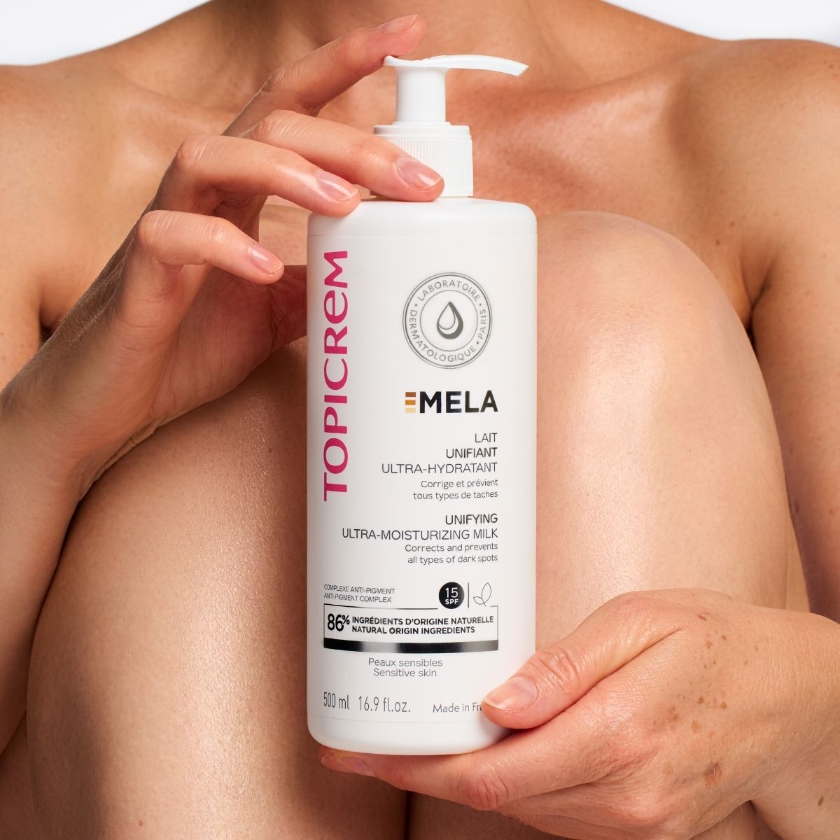 Topicrem MELA Lait Unifiant Ultra-Hydratant SPF15 500ml - résultat peau unifiée